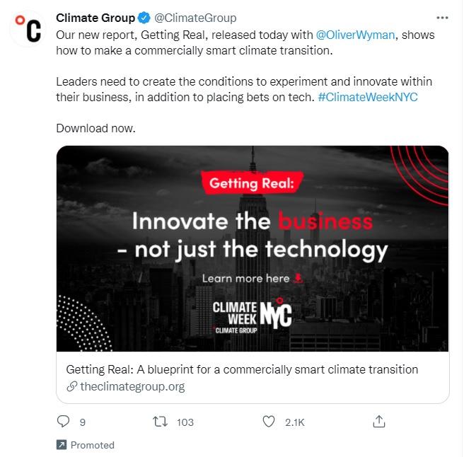 Twitter ad promoting a report from Climate Group