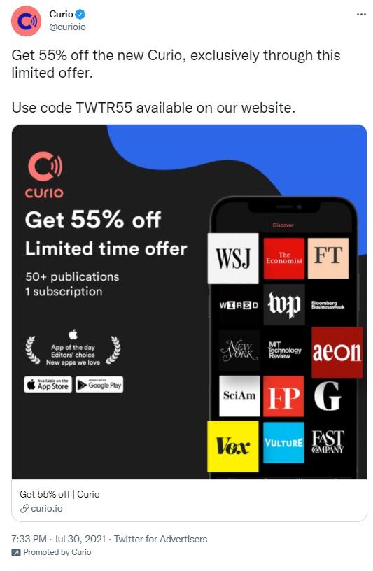 Twitter ad from Curio promoting a limited time offer