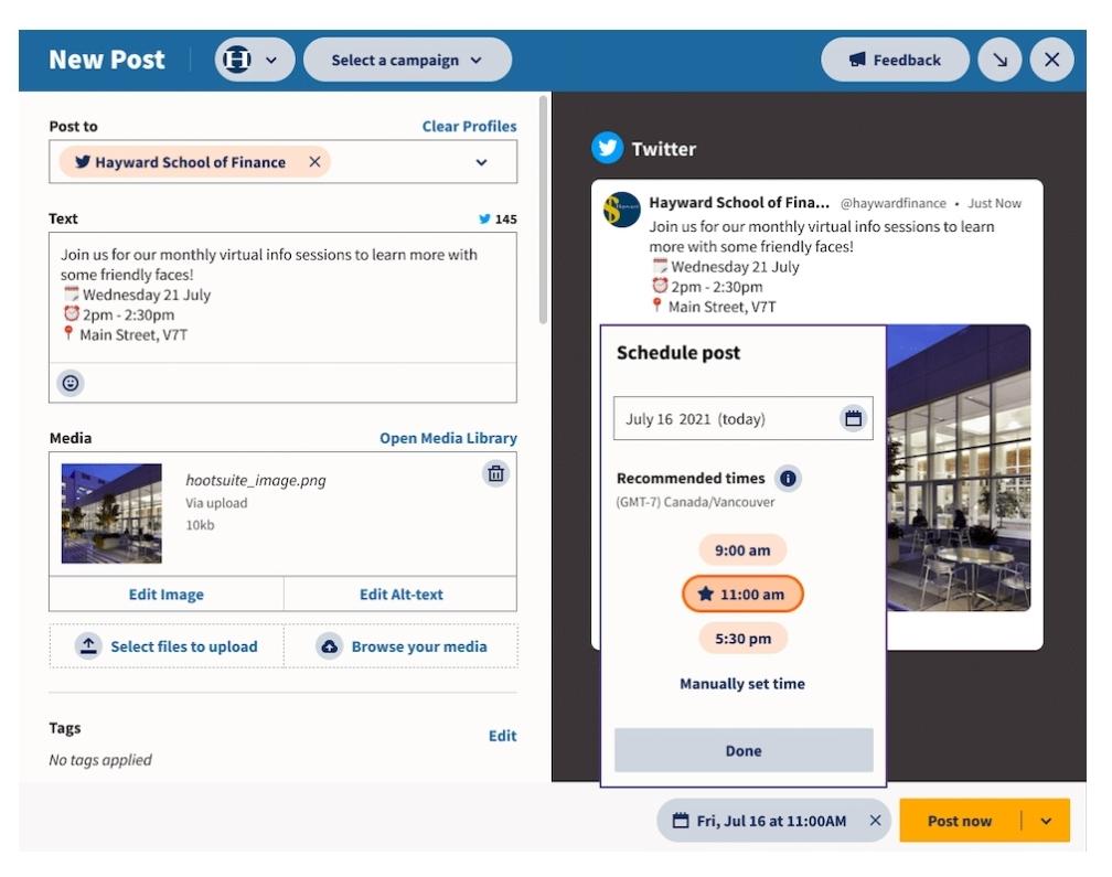 Selecting a suggested time to post when creating a post in Hootsuite Composer