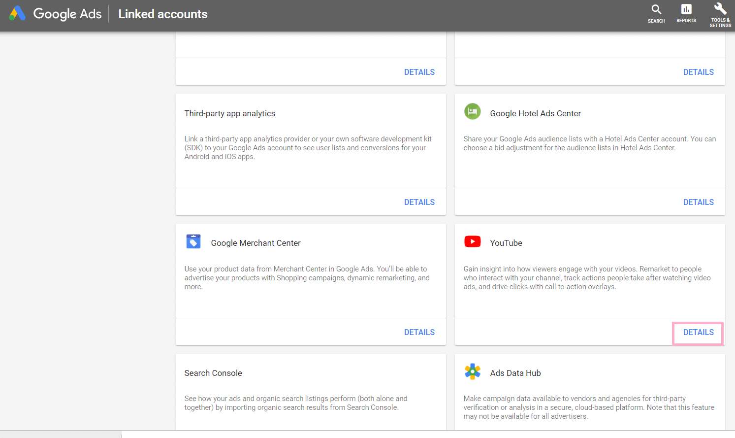Google Ads menu - linked accounts