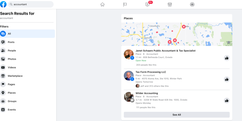 Image of Facebook's search engine and search results page