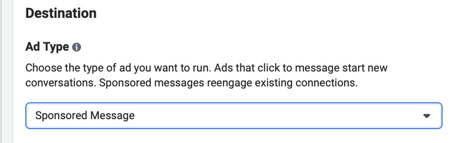 Ad creation process selecting "sponsored message"