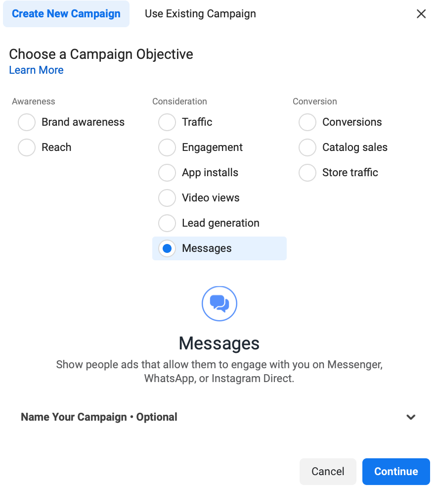 Image of Facebook's ad creation tool at the campaign level