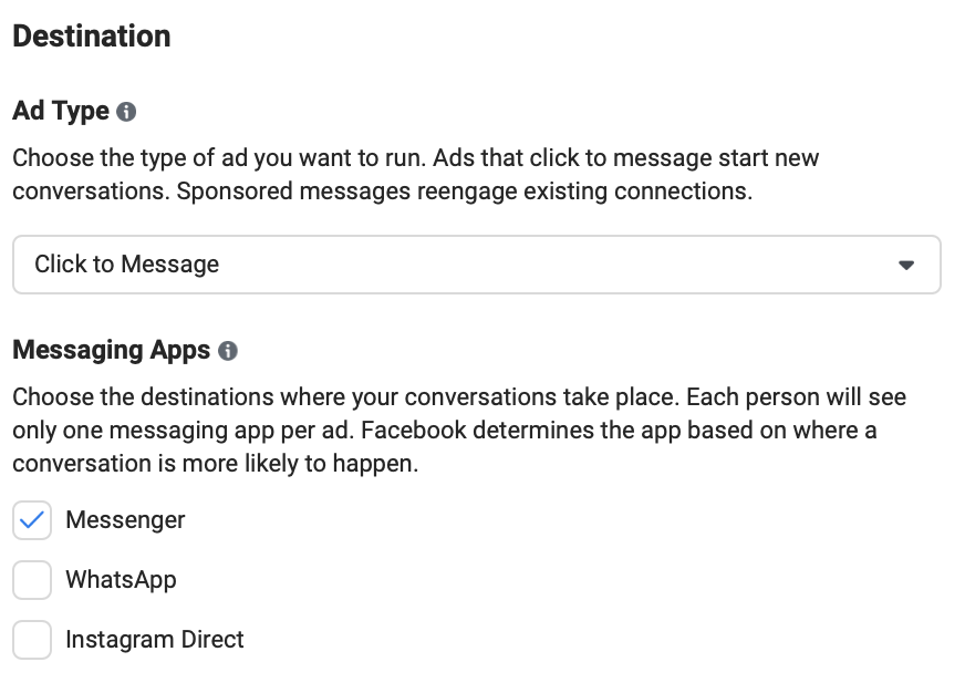The ad set creation process for Messenger Ads