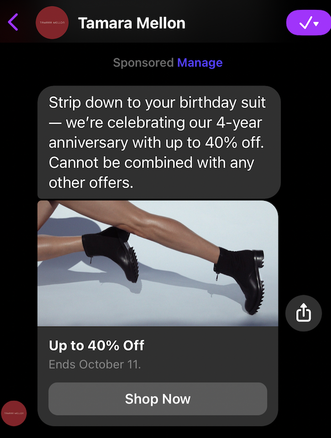 Facebook messenger ad from Tamara Mellon