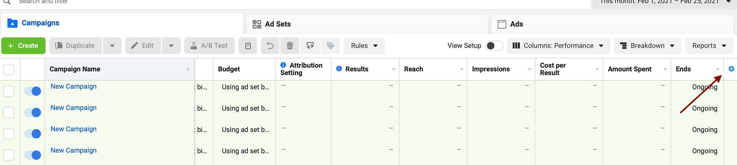 Facebook ad dashboard