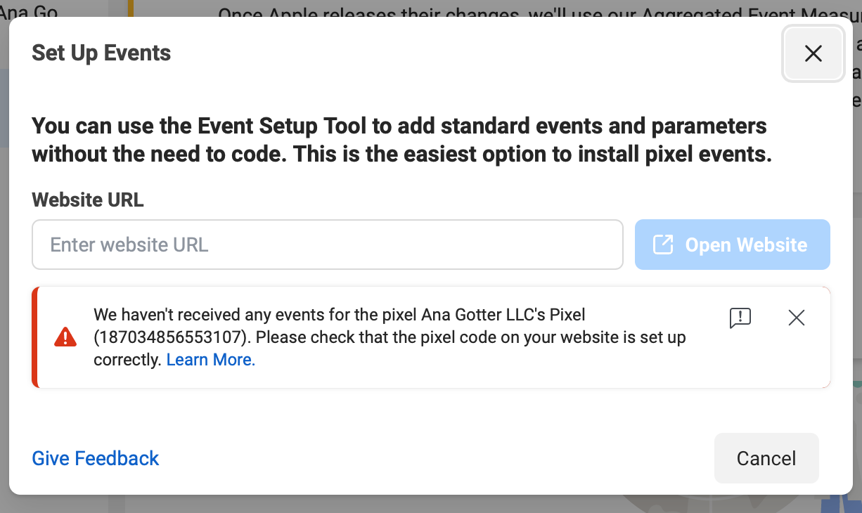 notification of Facebook pixel not installed correctly