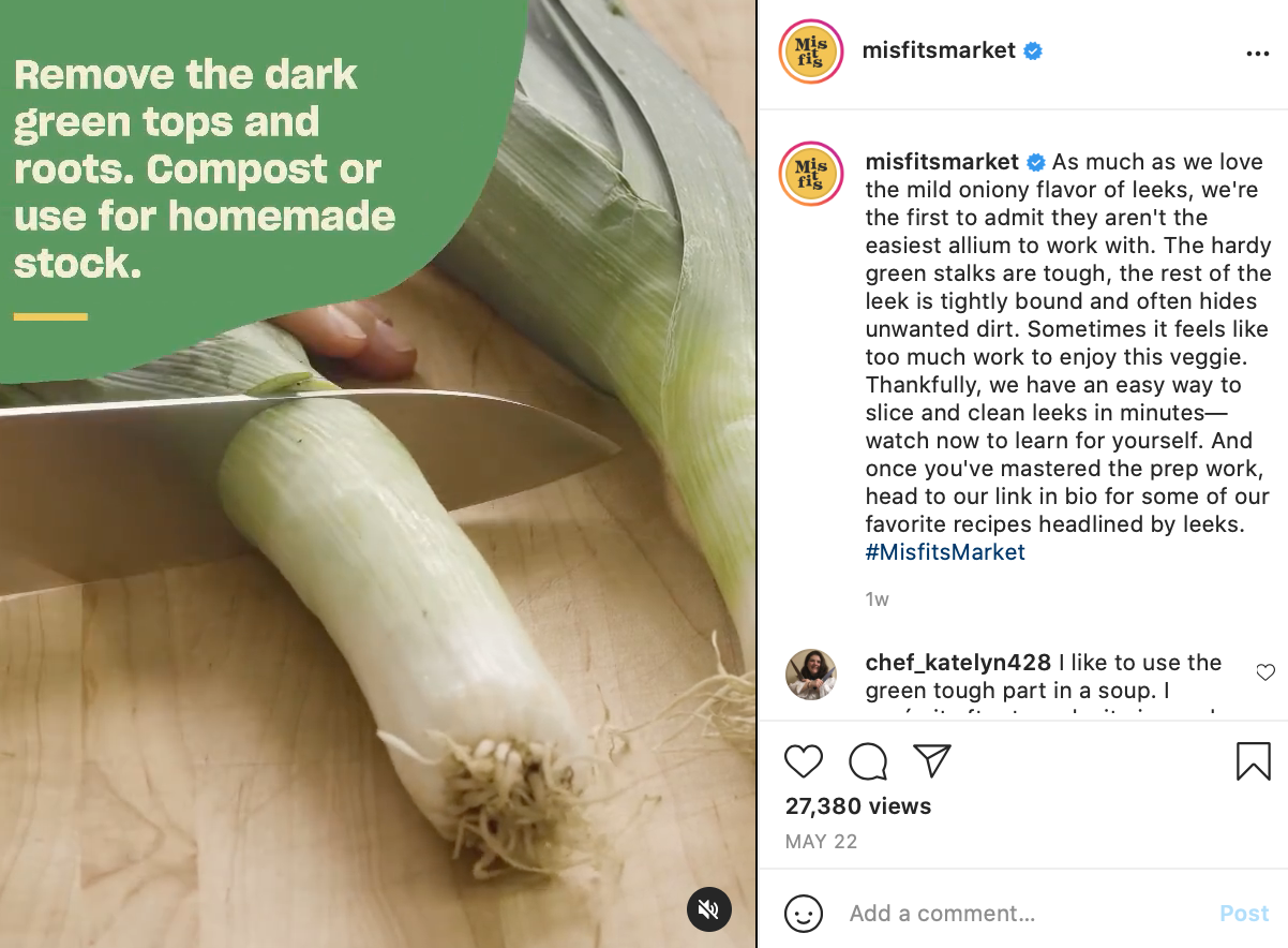Instagram post showing video tutorial cutting leeks